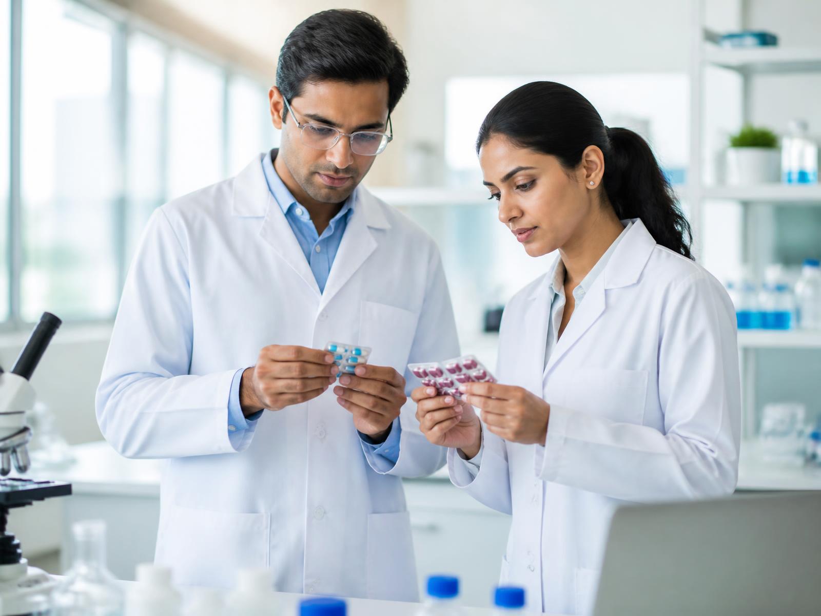 Pharmaceutical scientists inspecting medicine blister packs at Triovex Pharma partner laboratory in India